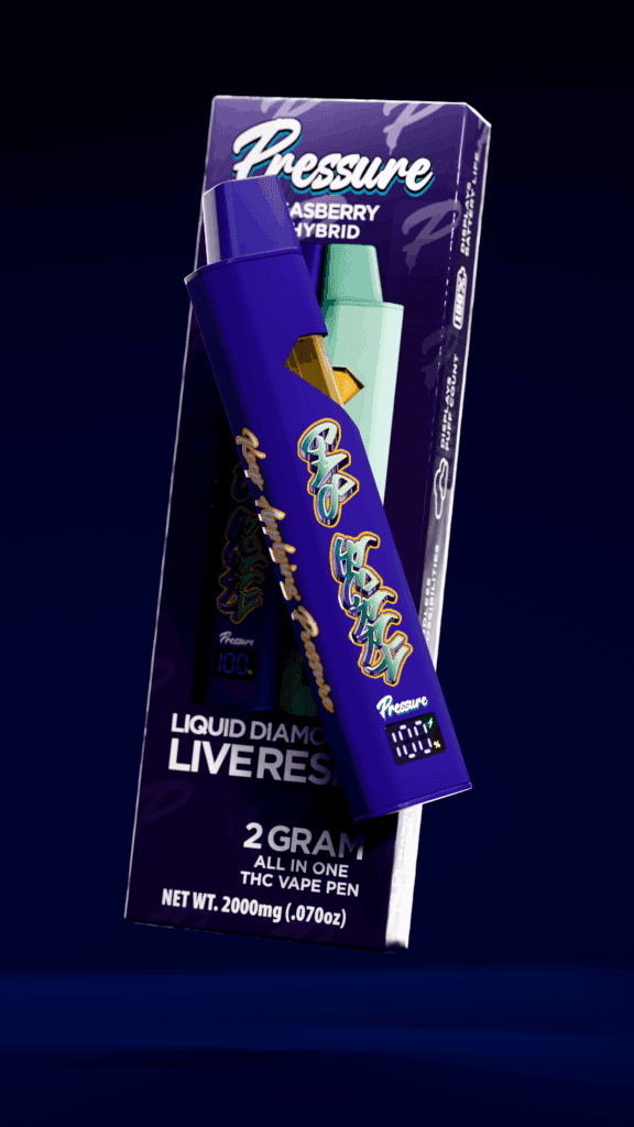 Gas Berry disposable vape pen by Pressure Extracts in a purple and blue box